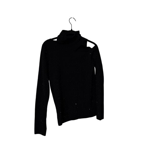 Alice + Olivia Black Cut Out Crystal Embellished Mock Neck Top Size Large - Picture 2 of 6